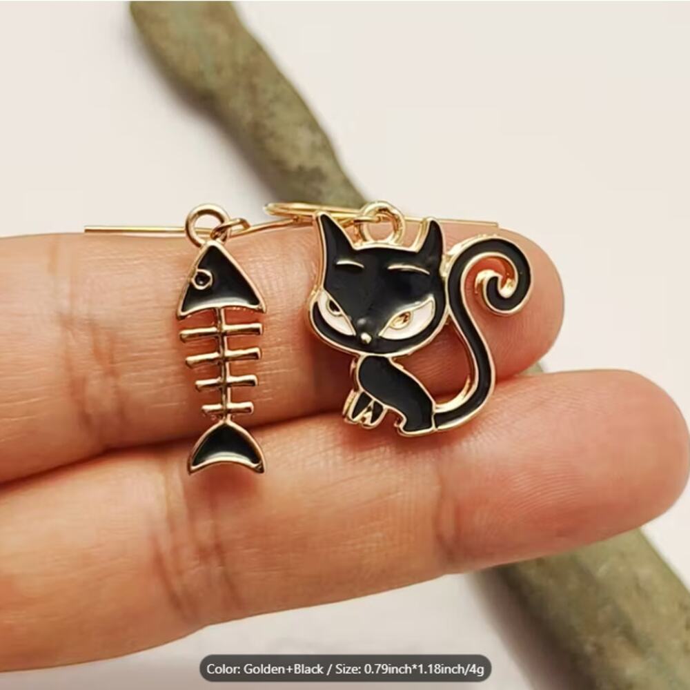 Cute Black Cat & Fish Bone Mismatch Drop Earrings – Gold Outline Anime Style